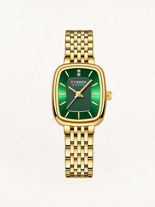 Clarissa RVS Dames Horloge Met Rechthoekige Kast Goud-Groen