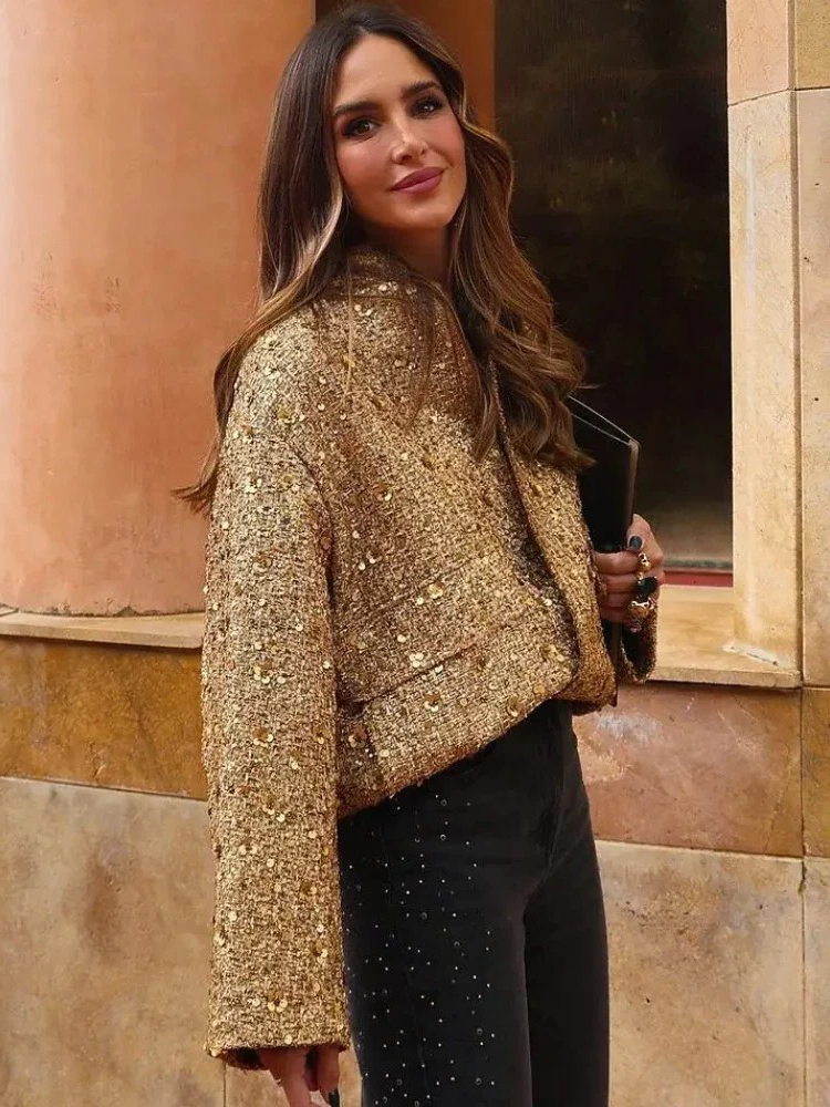 Elisa Gouden Sequin Bomber Jas Dames | Winterjas Vrouw | Stijlvolle Herfstjas Goud