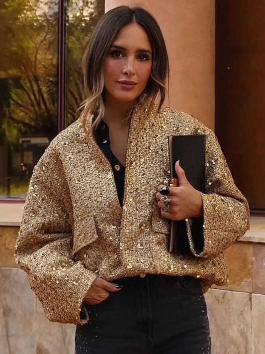 Elisa Gouden Sequin Bomber Jas Dames | Winterjas Vrouw | Stijlvolle Herfstjas Goud