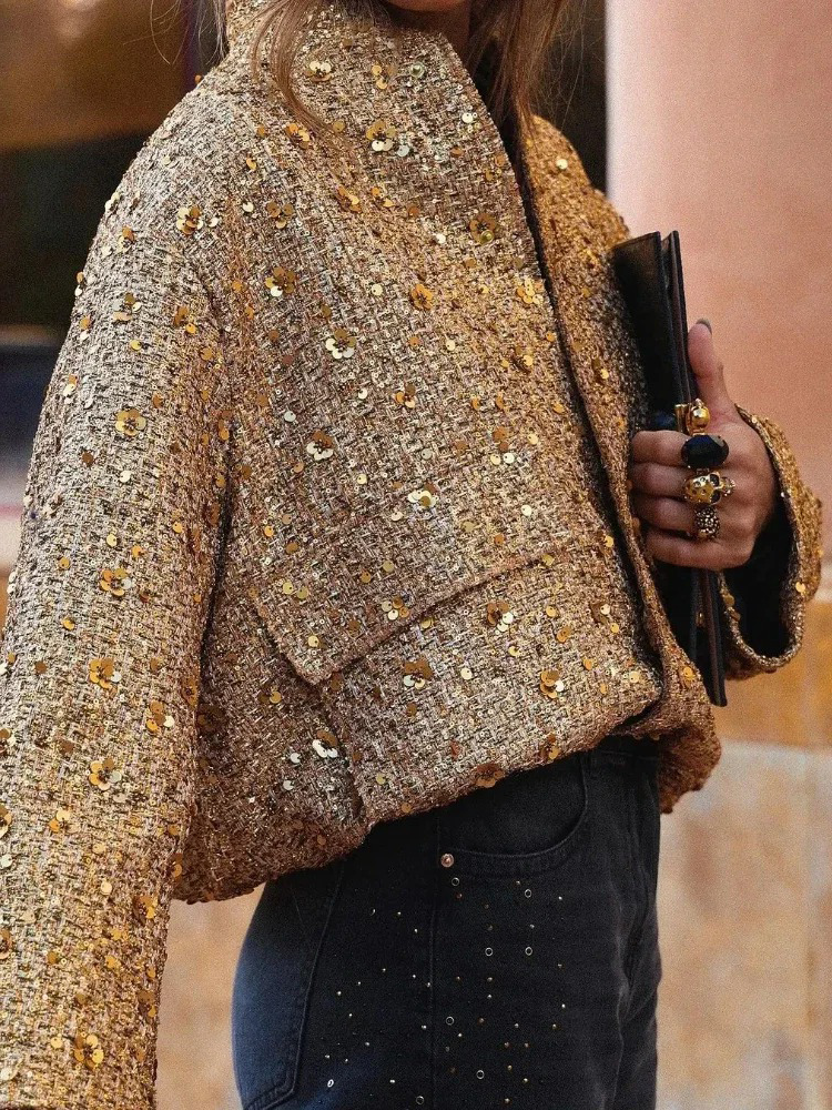 Elisa Gouden Sequin Bomber Jas Dames | Winterjas Vrouw | Stijlvolle Herfstjas Goud