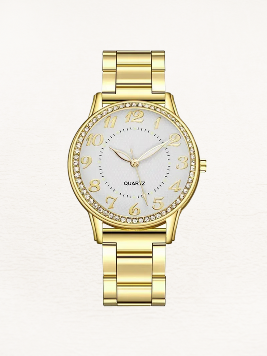 Eva Quartz Dames Horloge Met Ronde Kast En Zirkonia's Goud