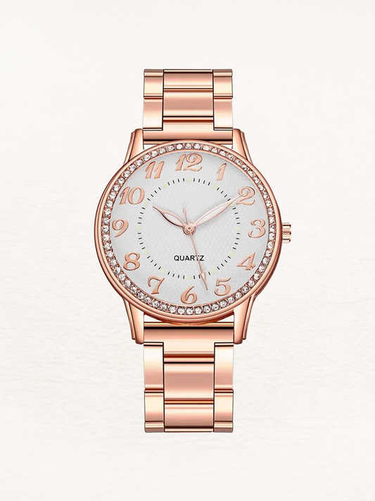 Eva Quartz Dames Horloge Met Ronde Kast En Zirkonia's Roségoud