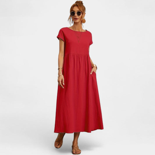 Virelle Lange Jurk - Linnen maxi dress met korte mouwen en ronde hals