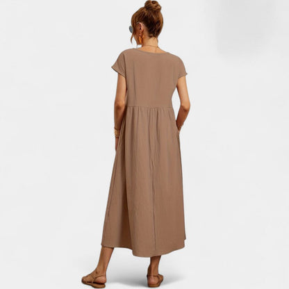 Virelle Lange Jurk - Linnen maxi dress met korte mouwen en ronde hals