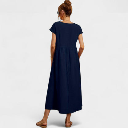 Virelle Lange Jurk - Linnen maxi dress met korte mouwen en ronde hals