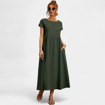 Virelle Lange Jurk - Linnen maxi dress met korte mouwen en ronde hals