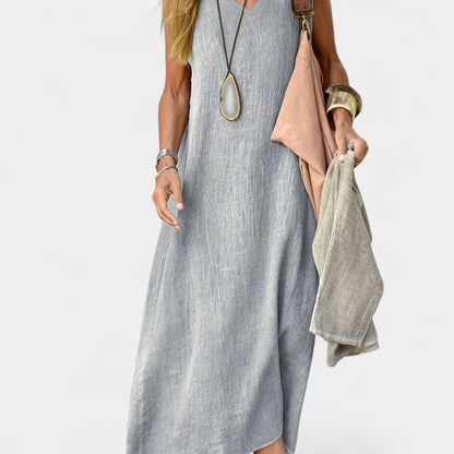 Virelle Lange Linnen Jurk - Maxi Dress met V-hals van zacht linnenblend