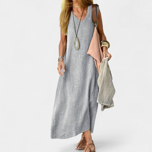 Virelle Lange Linnen Jurk - Maxi Dress met V-hals van zacht linnenblend