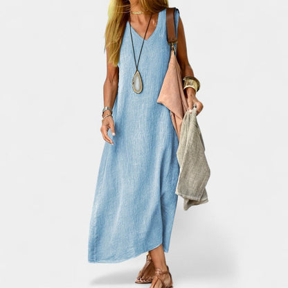 Virelle Lange Linnen Jurk - Maxi Dress met V-hals van zacht linnenblend