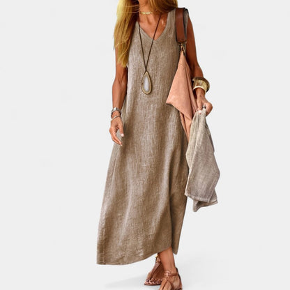 Virelle Lange Linnen Jurk - Maxi Dress met V-hals van zacht linnenblend
