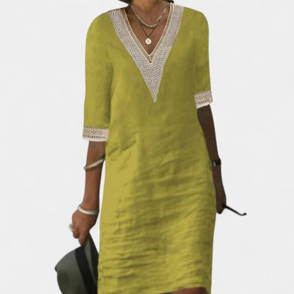 Virelle Jurk - Katoenen Linnen Midi dress met V-hals