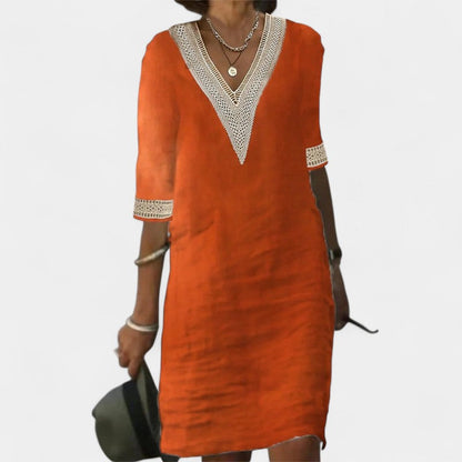 Virelle Jurk - Katoenen Linnen Midi dress met V-hals