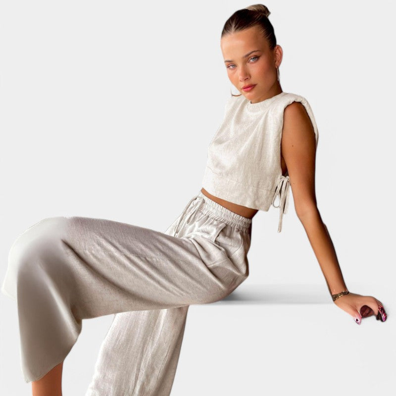Virelle Tweedelige Set - Linnen broek en crop top set voor vrouwen