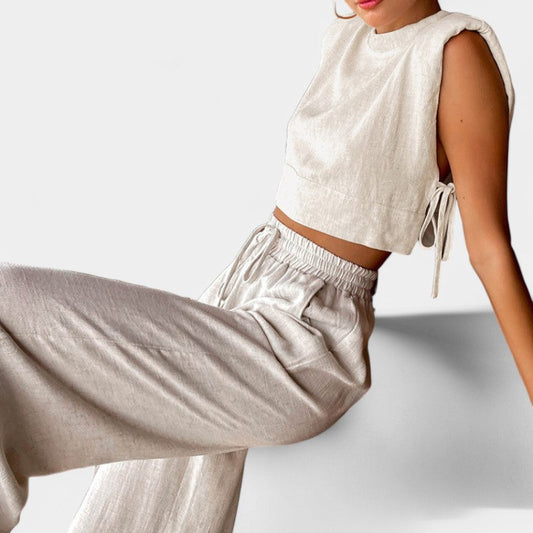 Virelle Tweedelige Set - Linnen broek en crop top set voor vrouwen