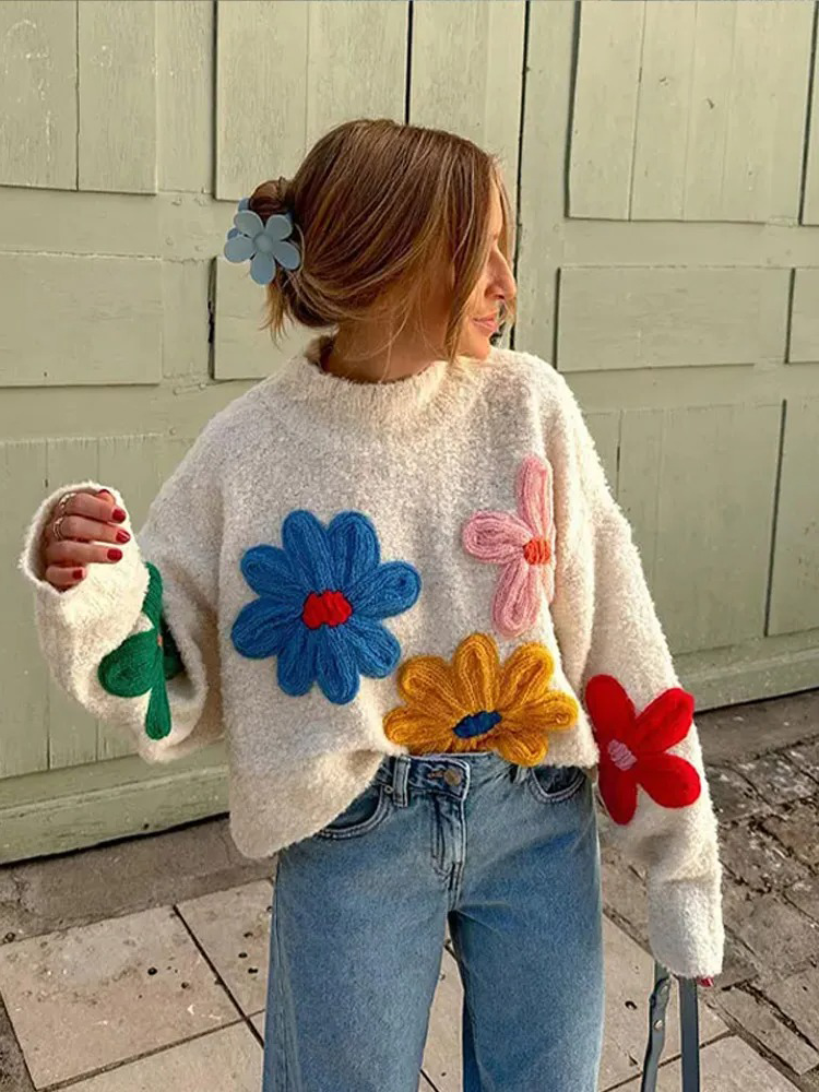 Miriam Witte Gebreide Trui Met Bloemen | Herfsttrui Dames | Vrolijke Trui Vrouw