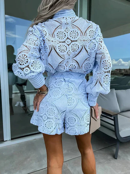 Natasja Kanten Zomer Set Dames | Kanten Set Dames | Geborduurde Kledingset | Korte Broek + Blouse