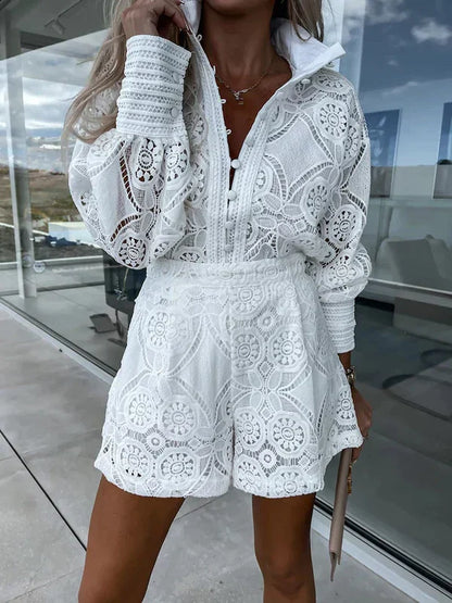 Natasja Kanten Zomer Set Dames | Kanten Set Dames | Geborduurde Kledingset | Korte Broek + Blouse