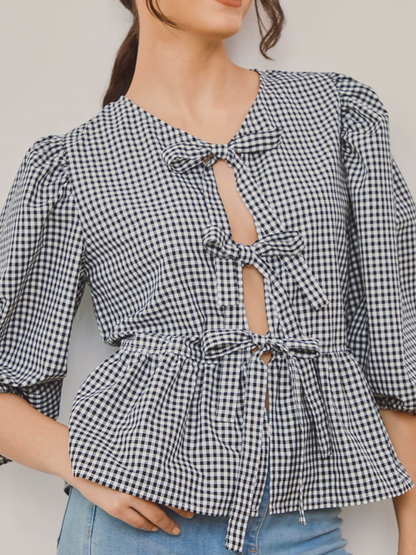 Sanne Geruite Blouse Dames | Strikjes Blouse Vrouw | Met Pofmouwen Zwart/Wit