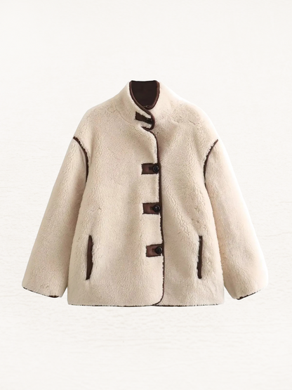 Verena Fleece Teddy Winterjas Dames | Zachte Fluffy Herftsjas | Contrast Detail Jas Beige