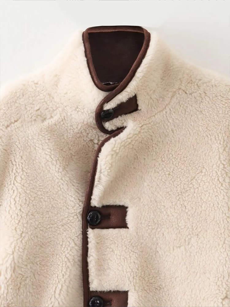 Verena Fleece Teddy Winterjas Dames | Zachte Fluffy Herftsjas | Contrast Detail Jas Beige