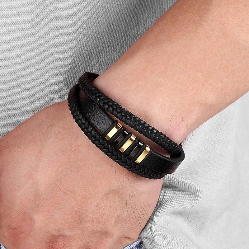 Virelle-Armbanden-Virelle | Heren Armband – Echt Leer, Gevlochten Band, Roestvrijstalen Accenten