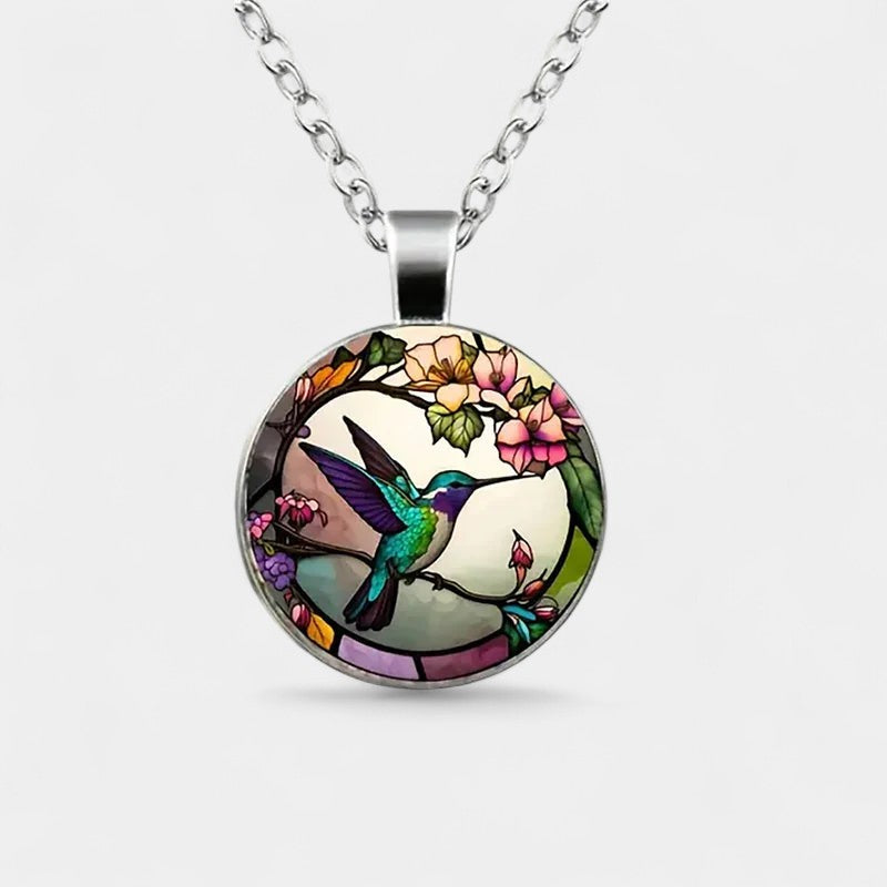 Virelle-Hangerketting-Virelle | Dames hangerketting – glaskabochon, kolibrie- en bloemenontwerp, ronde hanger