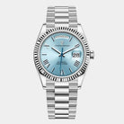Virelle-Horloges-Virelle | Heren Automatisch Horloge – RVS Band, Geribbelde Bezel, Dag‑ en Datumweergave