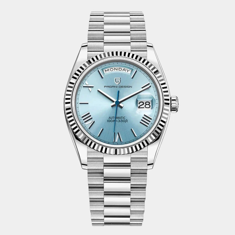 Virelle-Horloges-Virelle | Heren Automatisch Horloge – RVS Band, Geribbelde Bezel, Dag‑ en Datumweergave