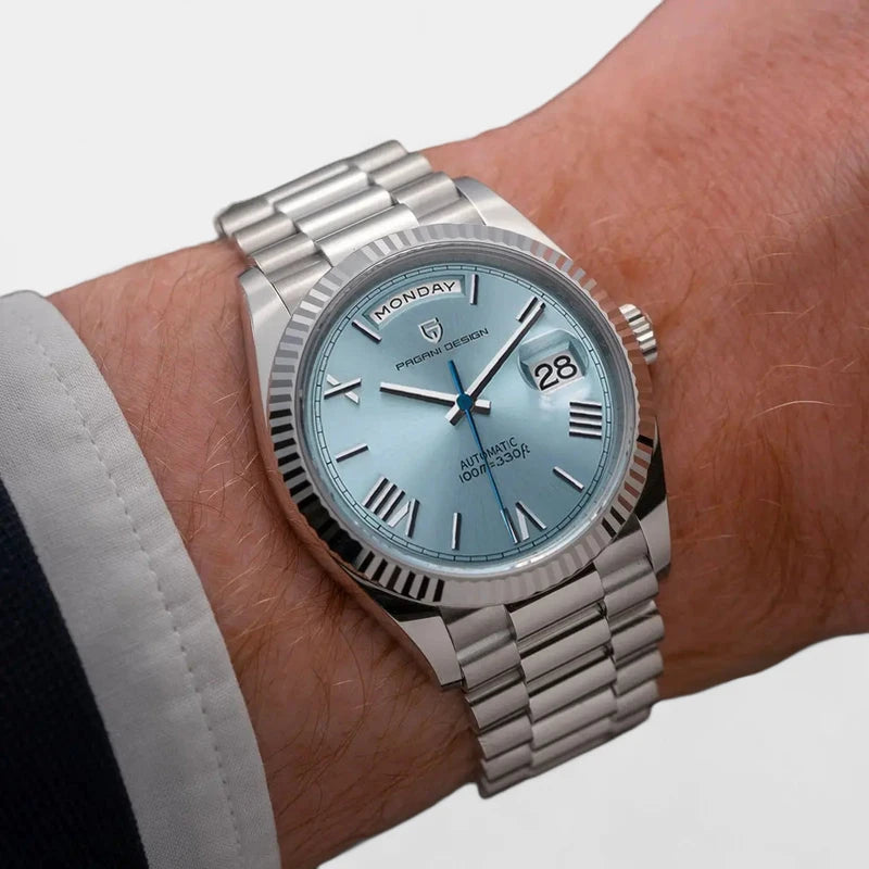 Virelle-Horloges-Virelle | Heren Automatisch Horloge – RVS Band, Geribbelde Bezel, Dag‑ en Datumweergave
