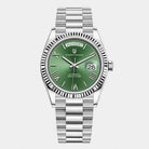 Virelle-Horloges-Virelle | Heren Automatisch Horloge – RVS Band, Geribbelde Bezel, Dag‑ en Datumweergave