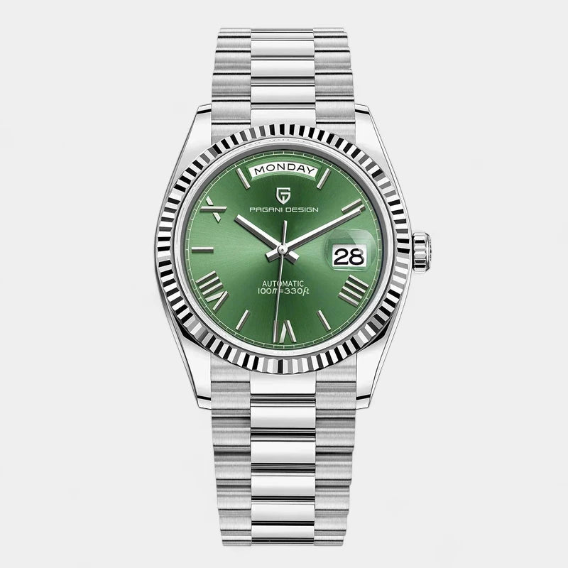 Virelle-Horloges-Virelle | Heren Automatisch Horloge – RVS Band, Geribbelde Bezel, Dag‑ en Datumweergave