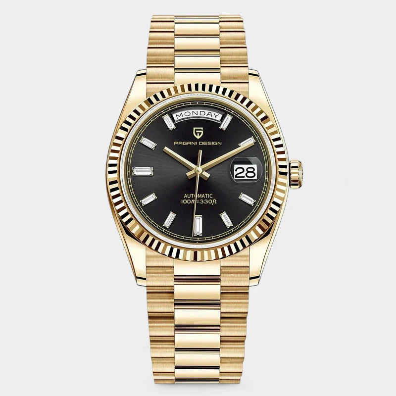 Virelle-Horloges-Virelle | Heren Automatisch Horloge – RVS Band, Geribbelde Bezel, Dag‑ en Datumweergave