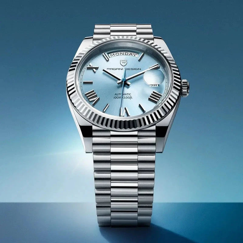 Virelle-Horloges-Virelle | Heren Automatisch Horloge – RVS Band, Geribbelde Bezel, Dag‑ en Datumweergave