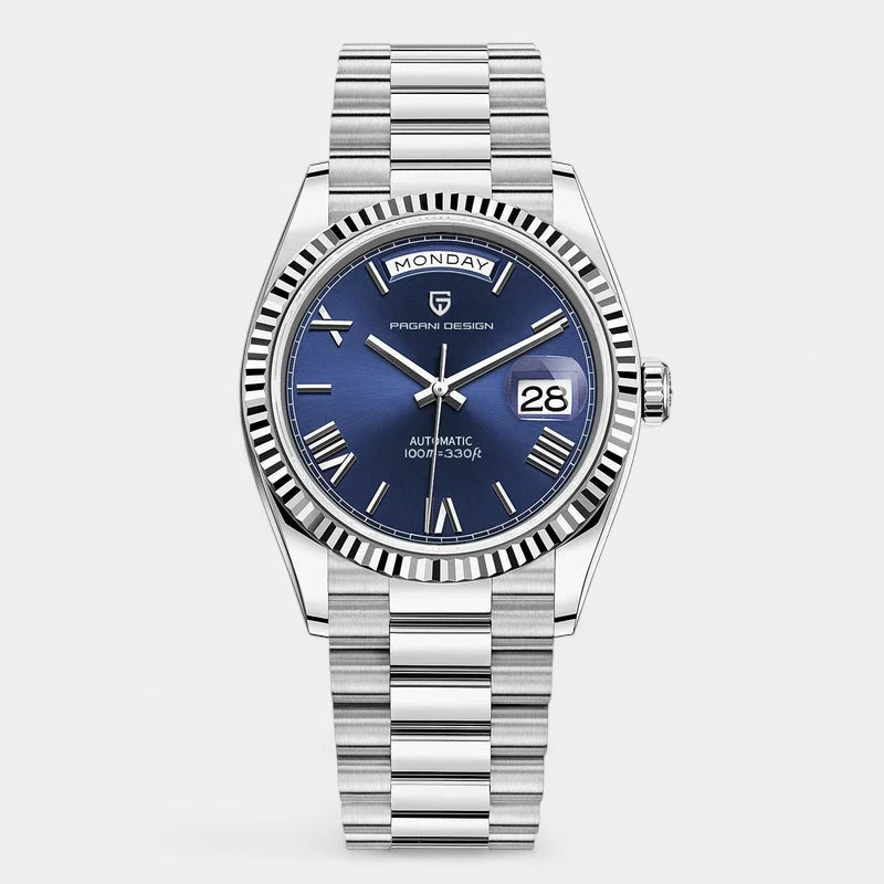 Virelle-Horloges-Virelle | Heren Automatisch Horloge – RVS Band, Geribbelde Bezel, Dag‑ en Datumweergave