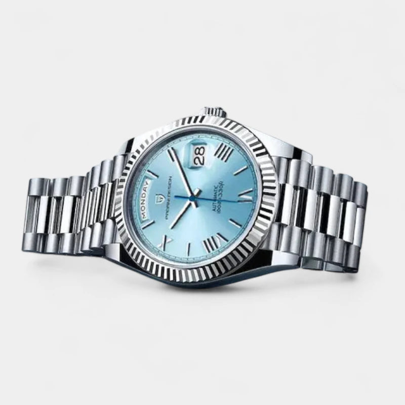 Virelle-Horloges-Virelle | Heren Automatisch Horloge – RVS Band, Geribbelde Bezel, Dag‑ en Datumweergave