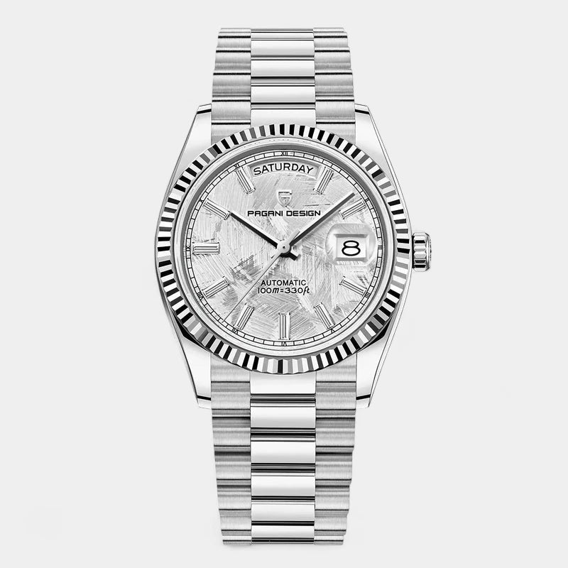 Virelle-Horloges-Virelle | Heren Automatisch Horloge – RVS Band, Geribbelde Bezel, Dag‑ en Datumweergave
