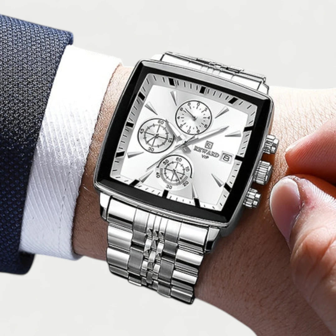 Virelle-Horloges-Virelle | Heren Horloge – RVS Band, Rechthoekige Kast, Chronograaf Display
