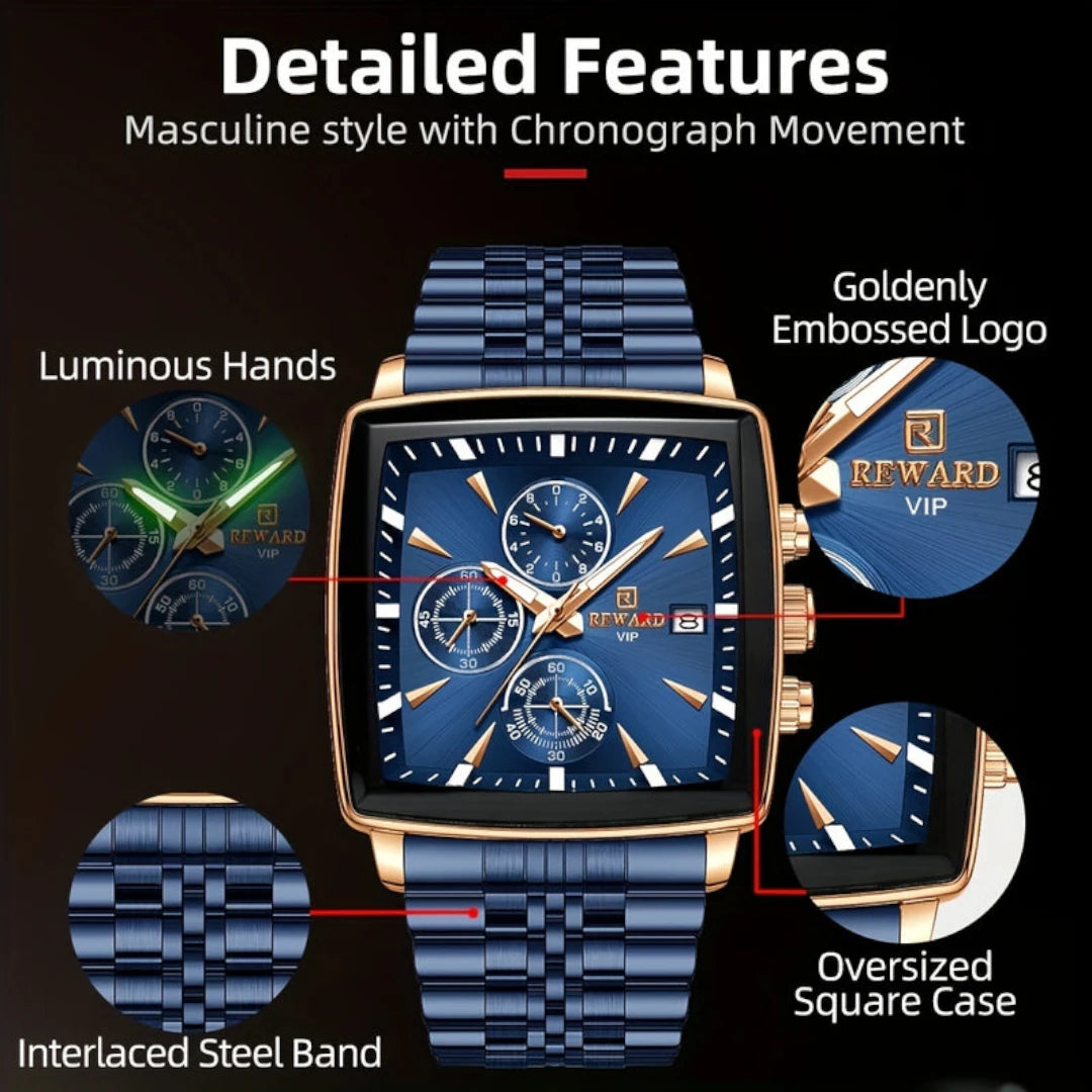 Virelle-Horloges-Virelle | Heren Horloge – RVS Band, Rechthoekige Kast, Chronograaf Display