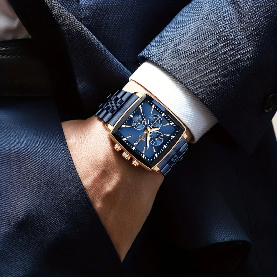 Virelle-Horloges-Virelle | Heren Horloge – RVS Band, Rechthoekige Kast, Chronograaf Display
