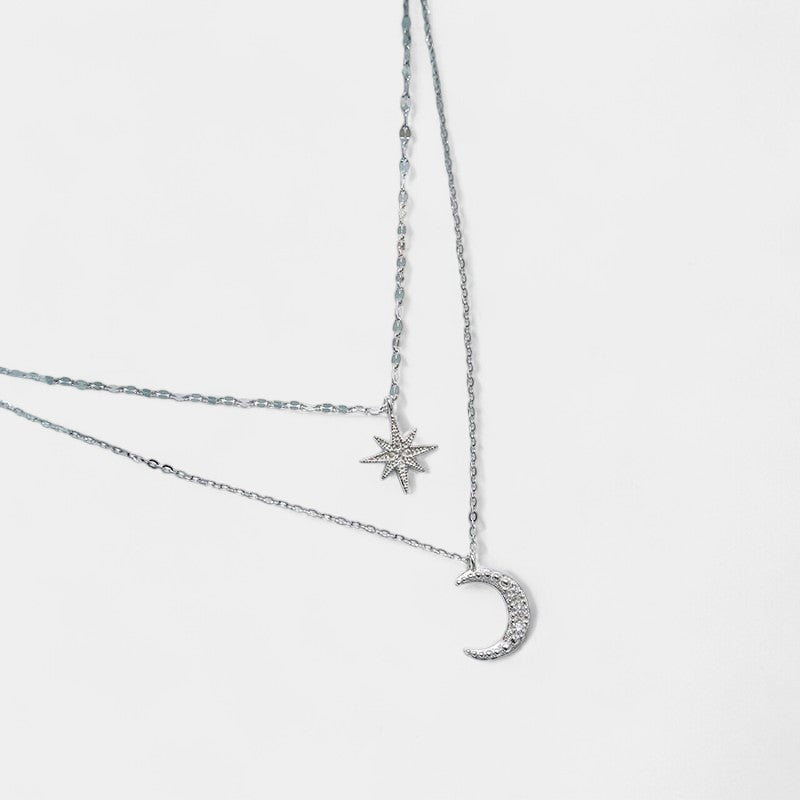 Virelle-Jewelry Necklace Moon-Virelle ketting - Zilveren gelaagde maan en ster halsketting