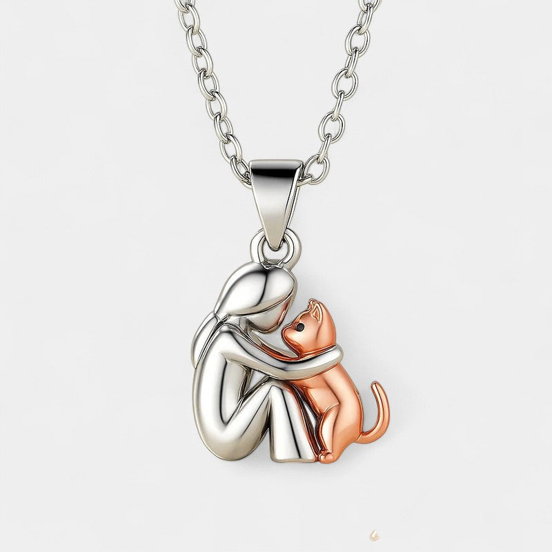 Virelle-Ketting-Virelle | Hangerketting – roestvrij staal, tweekleurig ontwerp, omhelzende figuur met kat