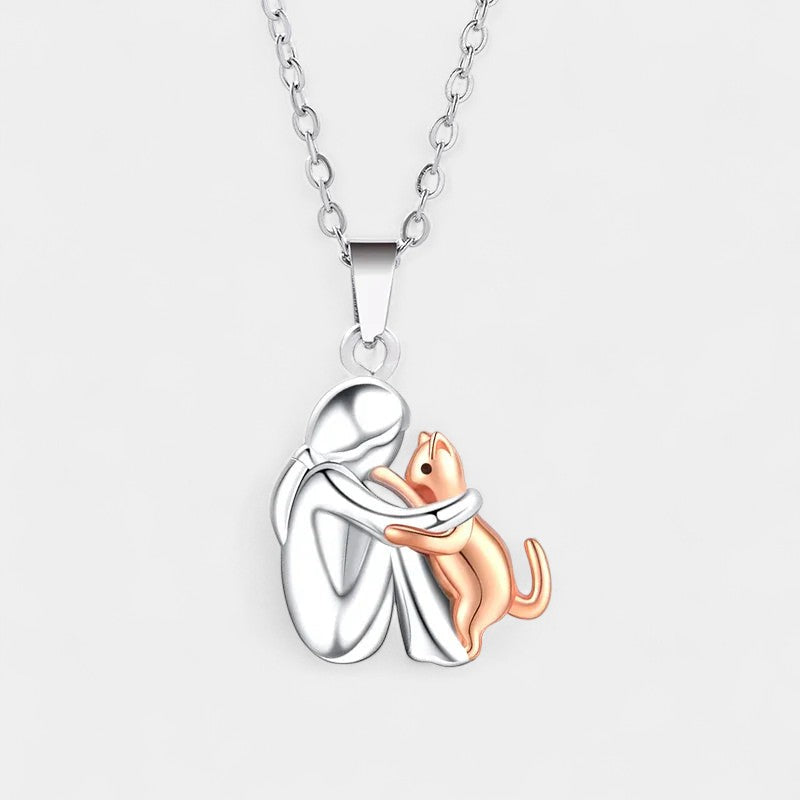 Virelle-Ketting-Virelle | Hangerketting – roestvrij staal, tweekleurig ontwerp, omhelzende figuur met kat