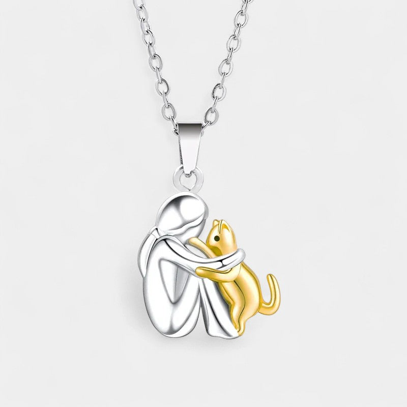 Virelle-Ketting-Virelle | Hangerketting – roestvrij staal, tweekleurig ontwerp, omhelzende figuur met kat