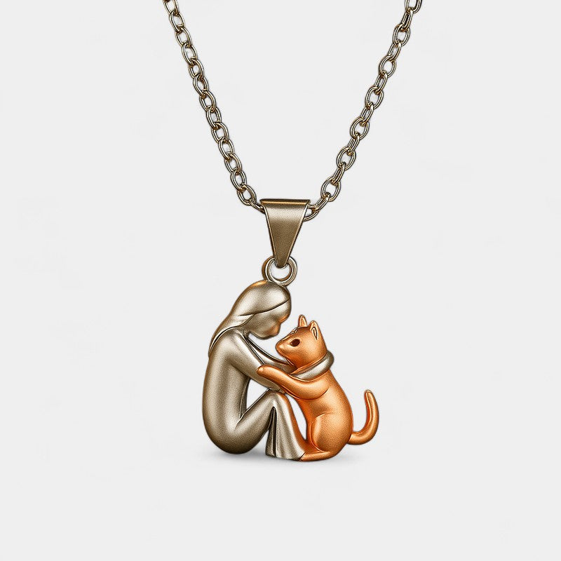 Virelle-Ketting-Virelle | Hangerketting – roestvrij staal, tweekleurig ontwerp, omhelzende figuur met kat