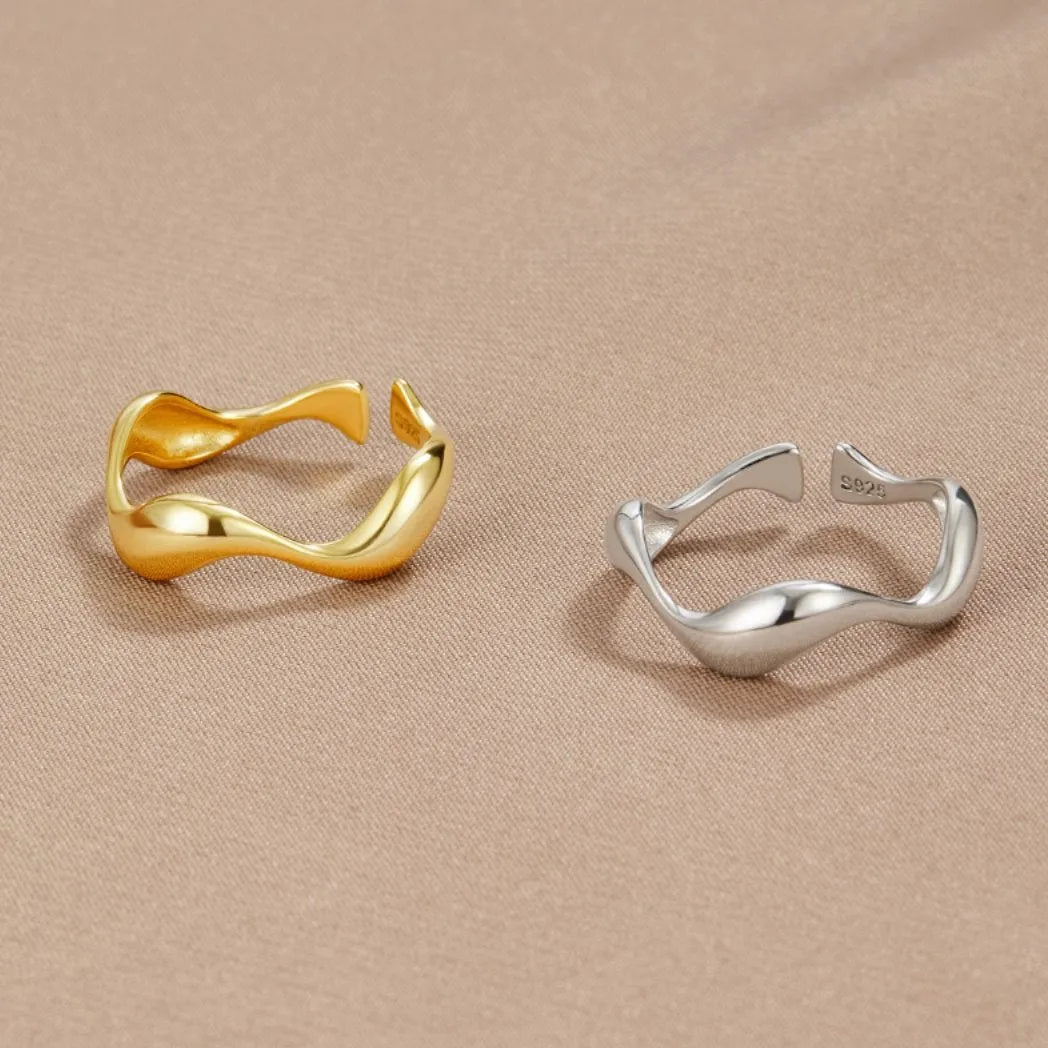 Virelle-Kleding & Accessoires > Accessoires > Sieraden-Virelle | Dames Ring – 18K Verguld Sterling Zilver, Minimalistisch Golfontwerp, Verstelbare Maat
