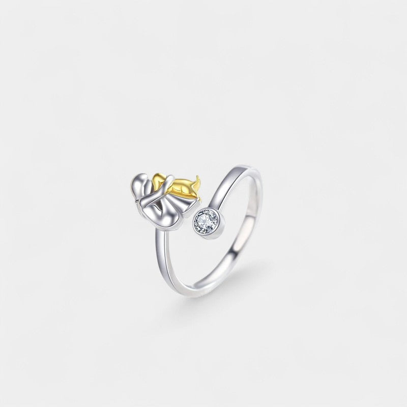 Virelle-Ring-Virelle | Dames ring – sterling zilver, verstelbaar ontwerp, zirkonia-accent, omhelzende figuur met hond
