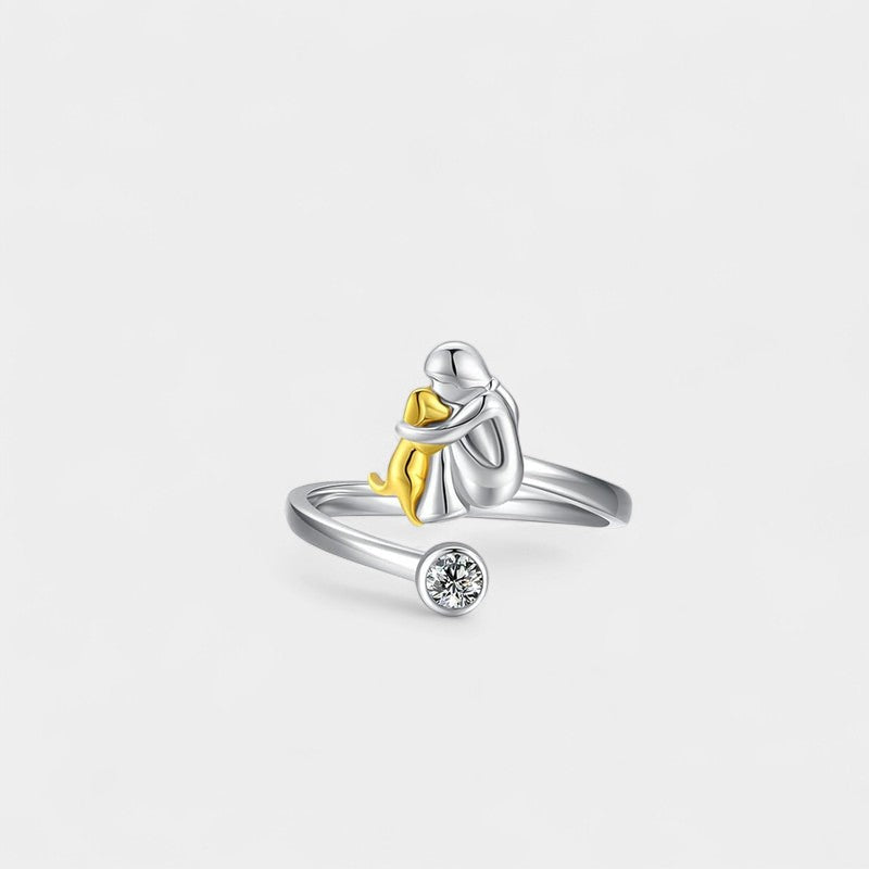 Virelle-Ring-Virelle | Dames ring – sterling zilver, verstelbaar ontwerp, zirkonia-accent, omhelzende figuur met hond