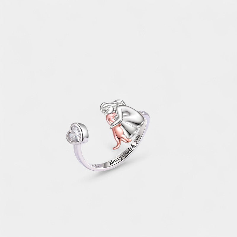 Virelle-Ring-Virelle | Dames ring – sterling zilver, verstelbaar ontwerp, hartvormige zirkonia, omhelzende figuur met hond