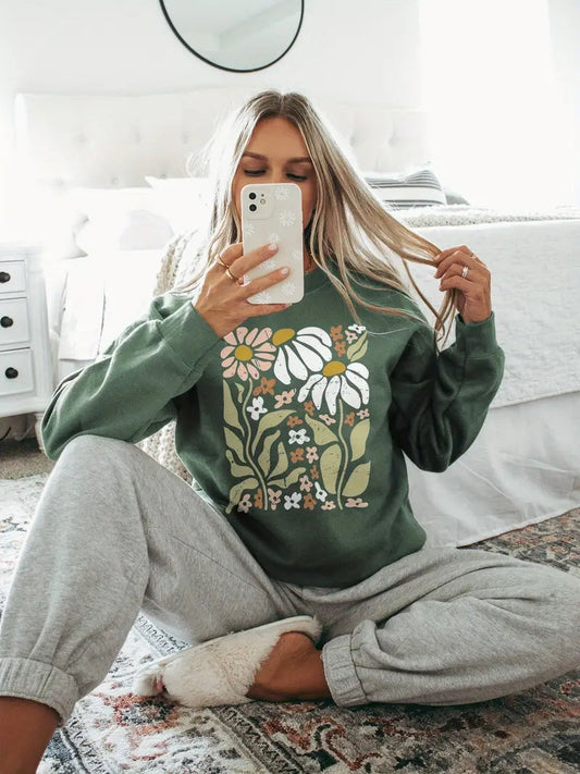 Virelle-Sweatshirt-Neriah Bloemenprint Sweatshirt Dames | Casual Trui | Comfortabele Pasvorm Groen-Zwart