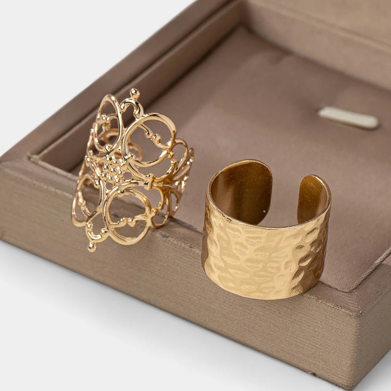 Virelle-Virelle | Dames Ring Set – Verstelbare Gouden Band, Vintage Hol Ontwerp, Gestructureerd Metaal